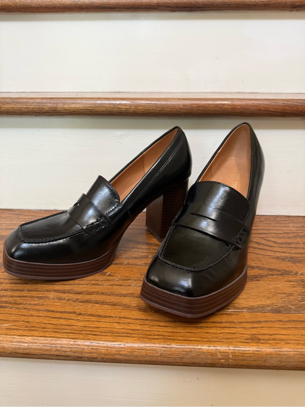 Nine West Black Leather Block Heel Penny Loafer Mary Jane Pumps Sz 8 Platform - Picture 12 of 13